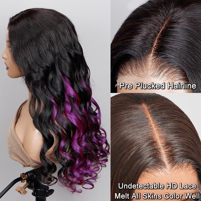 Soul Lady Purple Peekaboo Balayage Highlight Wig Long Body Wave Human Hair Glueless 6x4 Pre Cut Pre Bleached Lace Wig-lace