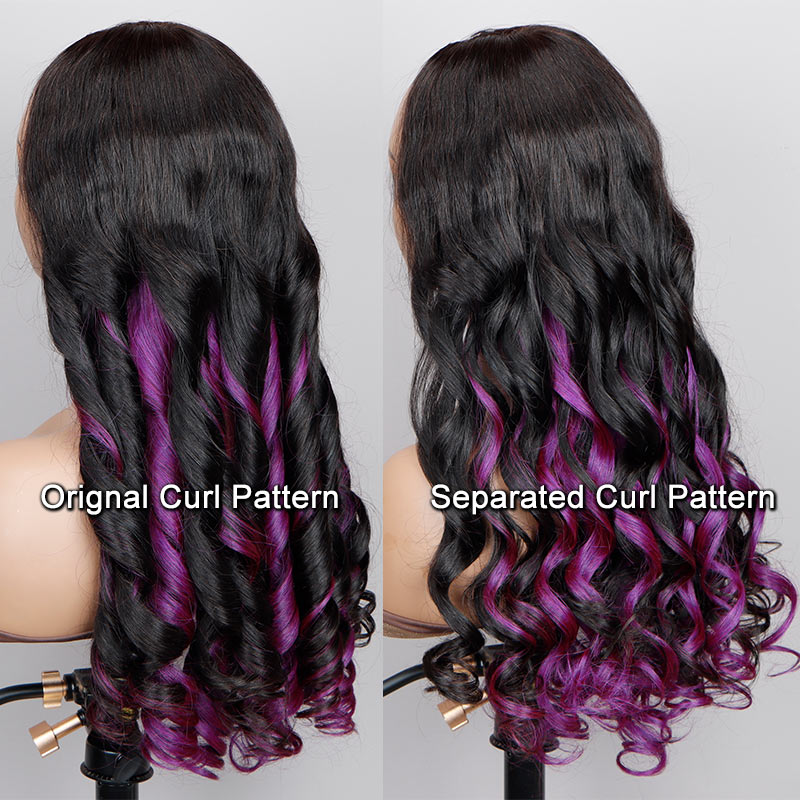 Soul Lady Purple Peekaboo Balayage Highlight Wig Long Loose Wave Human Hair Glueless 6x4 Pre Cut Pre Bleached Lace Wig-curl pattern