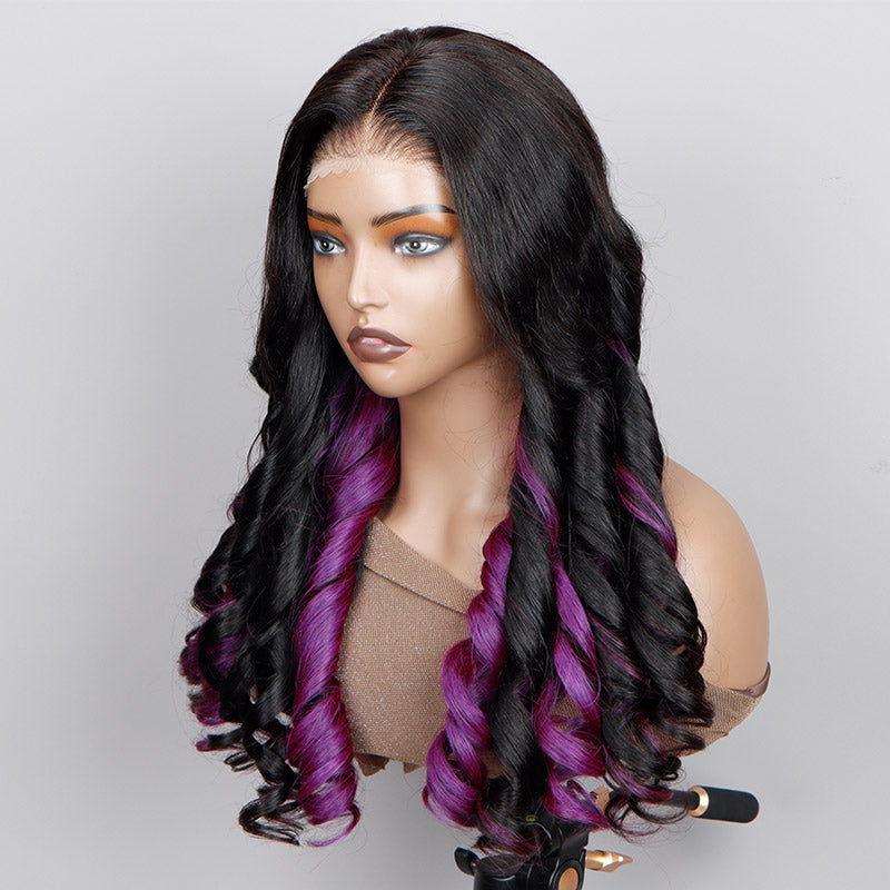 Soul Lady Purple Peekaboo Balayage Highlight Wig Long Loose Wave Human Hair Glueless 6x4 Pre Cut Pre Bleached Lace Wig-SIDE FRONT
