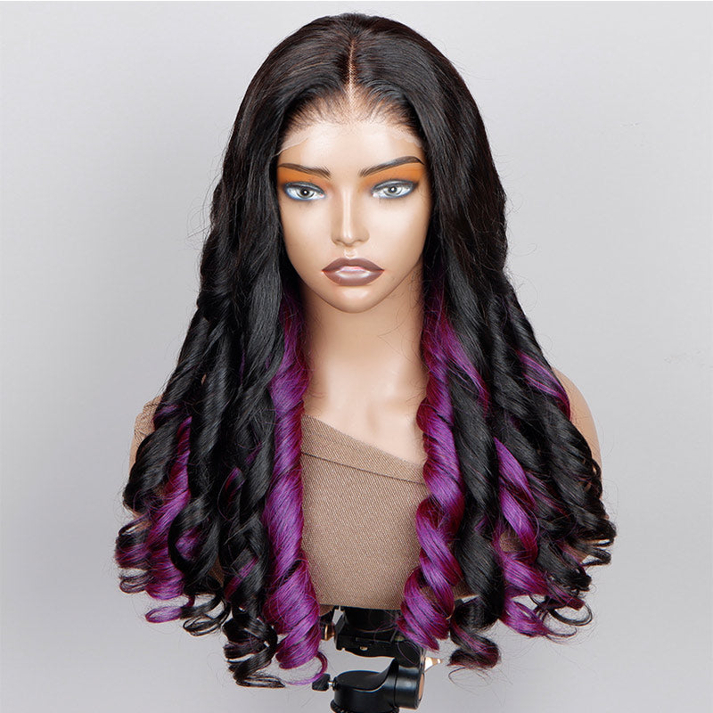 Soul Lady Purple Peekaboo Balayage Highlight Wig Long Loose Wave Human Hair Glueless 6x4 Pre Cut Pre Bleached Lace Wig-FRONT