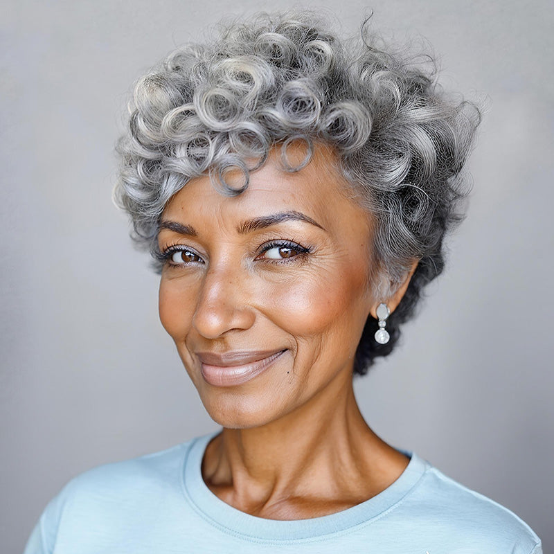 Soul Lady Glueless Salt and Pepper Short Curly Pixie Wig – Pre-Styled Human Hair Gray Wig for Mature Women and older women over 50 year old