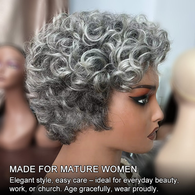 Salt and Pepper Short Curly Bob Wig Pixie Cut Curly Human  display picture 3