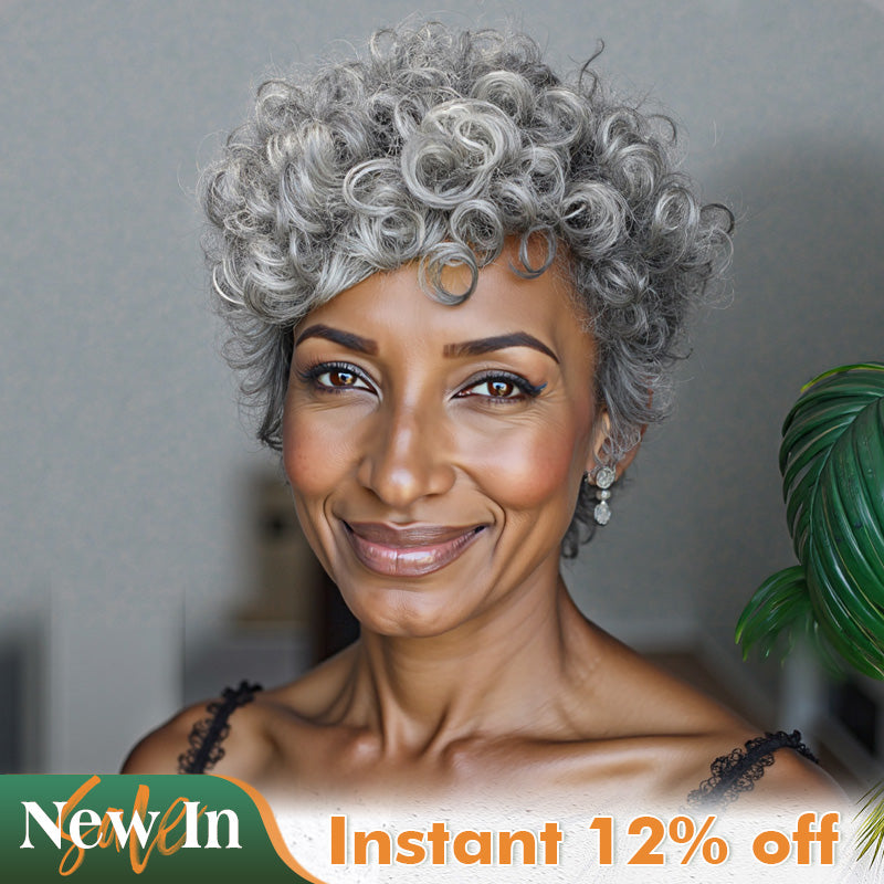 Soul Lady Glueless Salt and Pepper Short Curly Pixie Wig – Pre-Styled Human Hair Wig for Mature Women-sales image