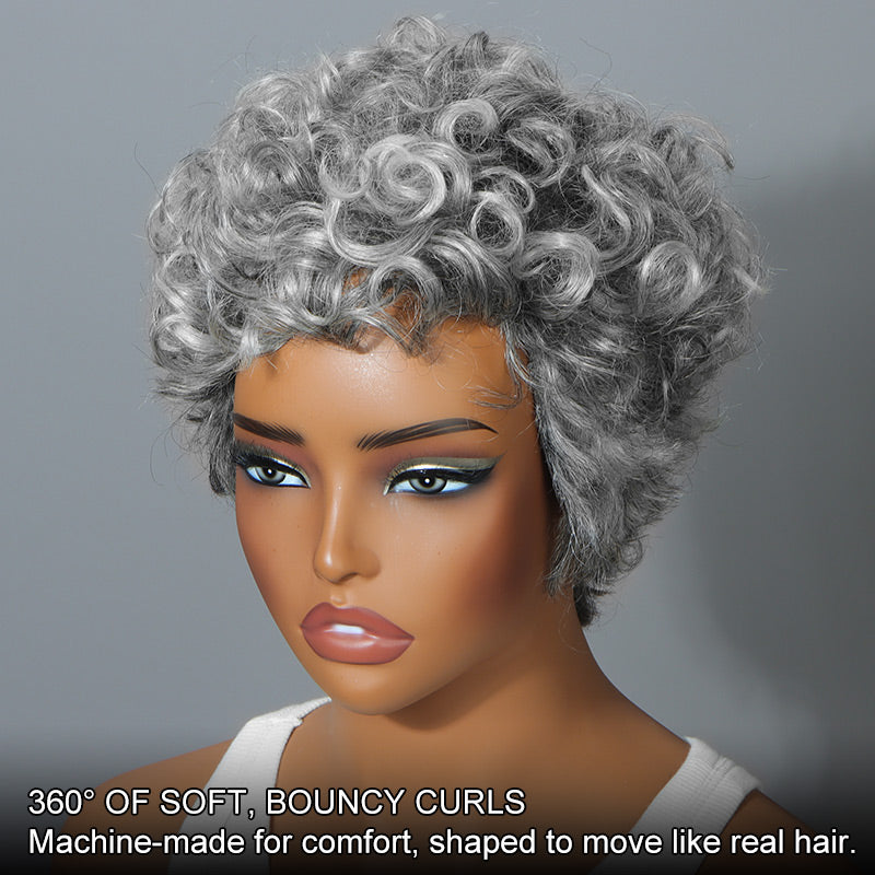 Salt and Pepper Short Curly Bob Wig Pixie Cut Curly Human 