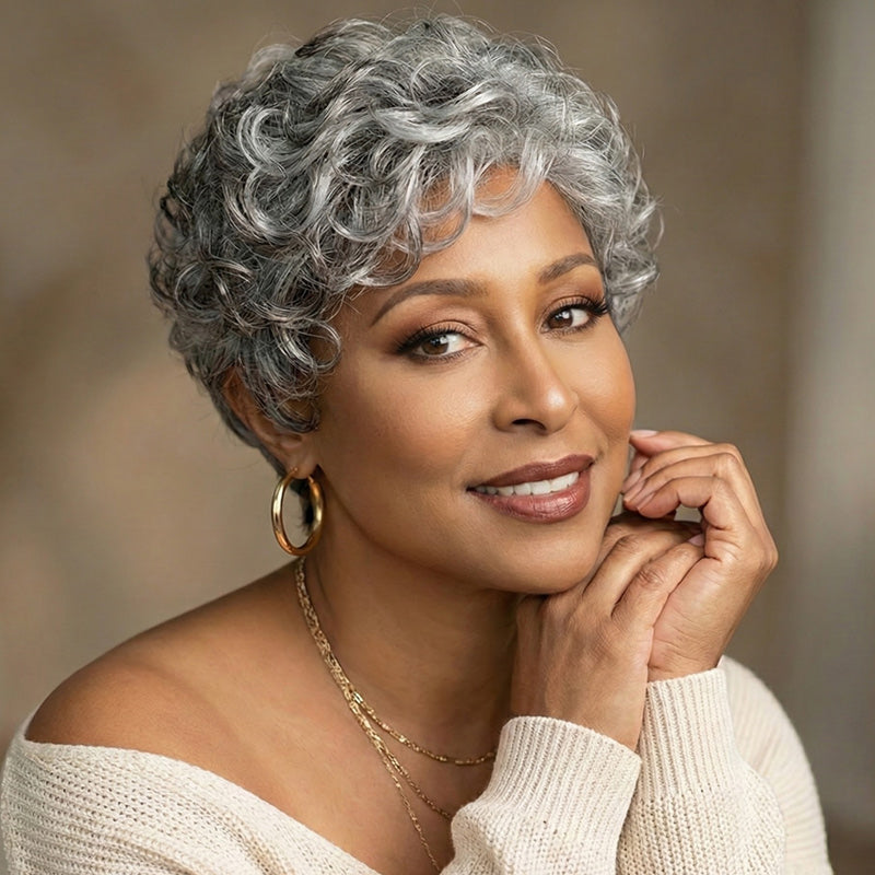 Soul Lady Glueless Salt and Pepper Short Curly Pixie Wig – Pre-Styled Human Hair Gray Wig for Mature Women and older women over 50 year old