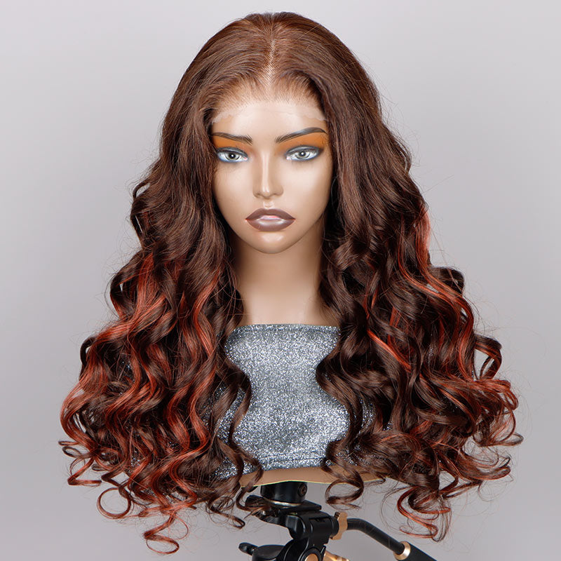 Soul Lady Red Copper Peekaboo Balayage Highlight Brown Wig Long Body Wave Human Hair Glueless 6x4 Pre Cut Pre Bleached Lace Wig-FRONT