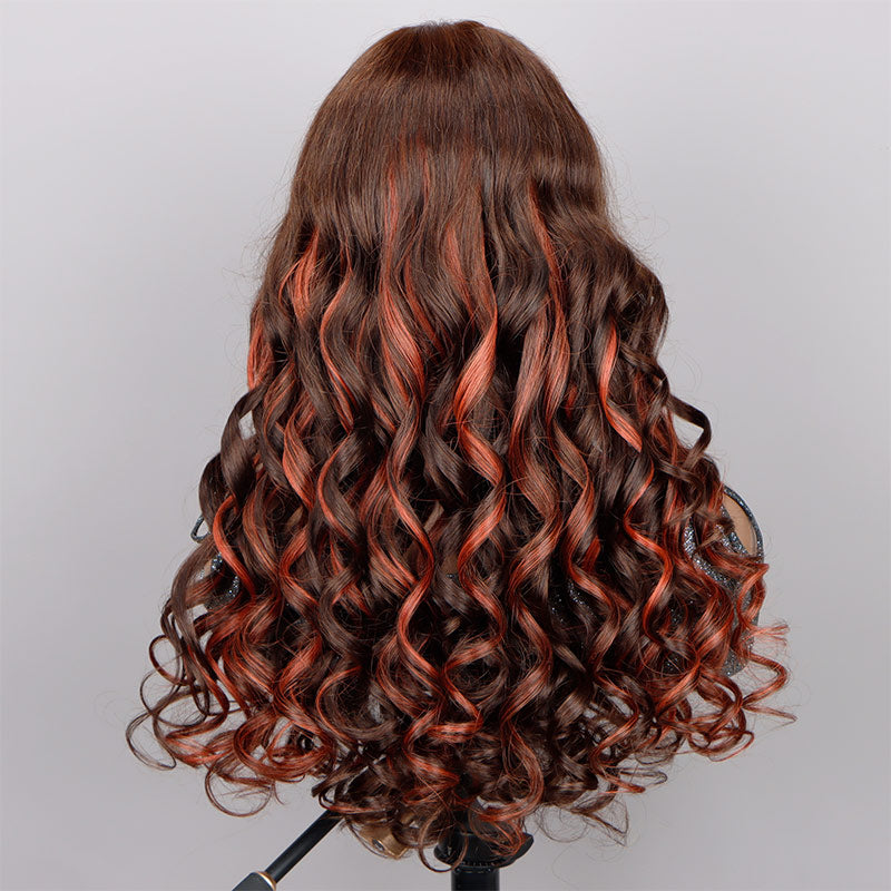 Red Copper CulyBeauty Full Wig!! Red Copper Peekaboo Balayage Highlight Brown Wig Glueless  main image 3