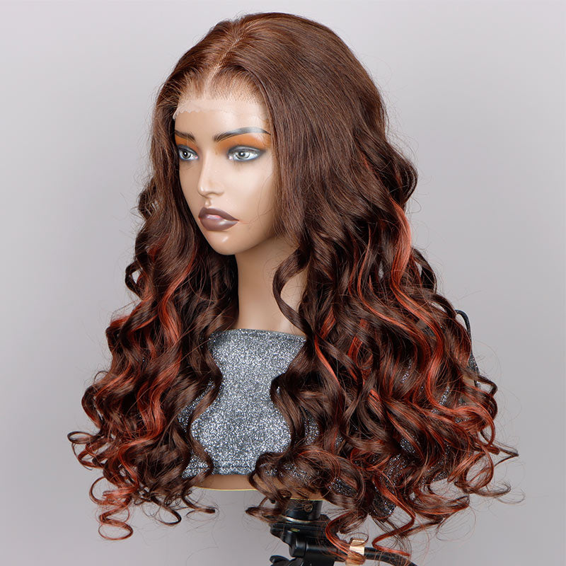 Soul Lady Red Copper Peekaboo Balayage Highlight Brown Wig Long Body Wave Human Hair Glueless 6x4 Pre Cut Pre Bleached Lace Wig-SIDE
