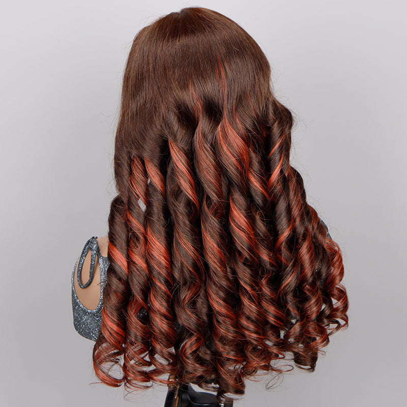 Soul Lady Red Copper Peekaboo Balayage Highlight Brown Wig Long Loose Wave Human Hair Glueless 6x4 Pre Cut Pre Bleached Lace Wig-BACK