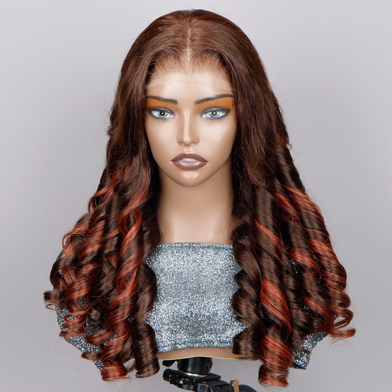 Soul Lady Red Copper Peekaboo Balayage Highlight Brown Wig Long Loose Wave Human Hair Glueless 6x4 Pre Cut Pre Bleached Lace Wig