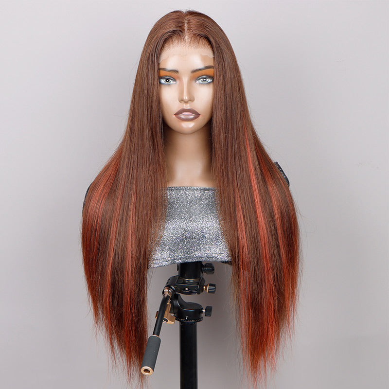 Soul Lady Red Copper Peekaboo Balayage Highlight Brown Wig Long Silky Straight Hair Glueless 6x4 Pre Cut Pre Bleached Lace Wig-front look