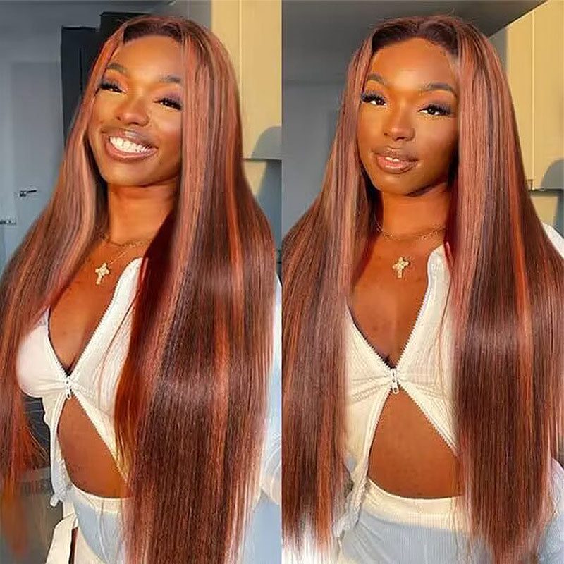 Soul Lady Red Copper Peekaboo Balayage Highlight Brown Wig Long Silky Straight Hair Glueless 6x4 Pre Cut Pre Bleached Lace Wig