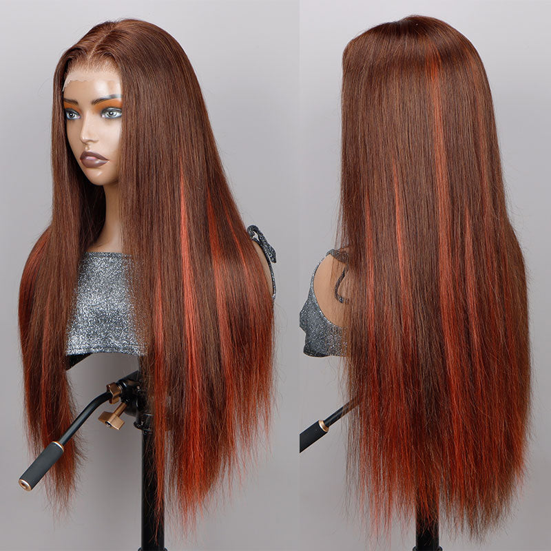 Soul Lady Red Copper Peekaboo Balayage Highlight Brown Wig Long Silky Straight Hair Glueless 6x4 Pre Cut Pre Bleached Lace Wig-side look