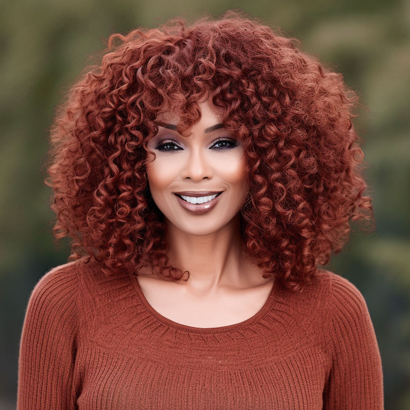 Soul Lady Red Copper Short Afro Bouncy Curly Wig With Bangs Real Human Hair Glueless Wear Go Wigs