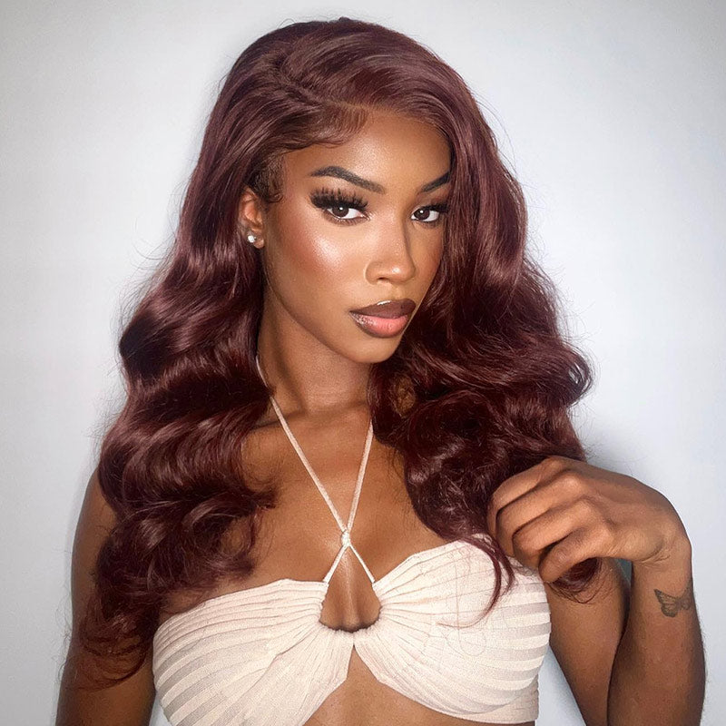 Soul Lady Reddish Brown Body Wave Wig 5x5 HD Lace Wig C Part Long Human Hair Wigs 180% Density-model  ayo_fierce
