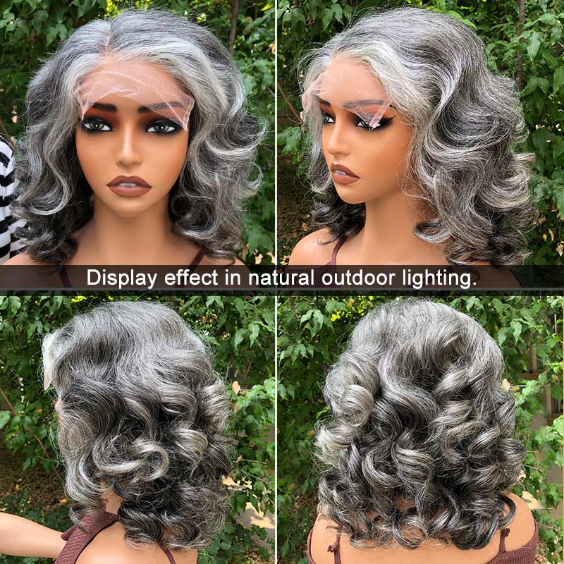 Mid-Length Seniors Salt And Pepper Wig For Older Women 100% Human Hair Body Wave 5x5 HD Lace Wear And Go Wigs For Mom-real wig-all sides show