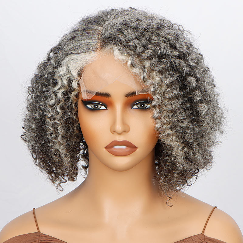 Soul Lady Seniors Grey Wig Salt and Pepper Hair Short Jerry Curly Bob Real Human Hair 5x5 HD Lace Wigs For Women