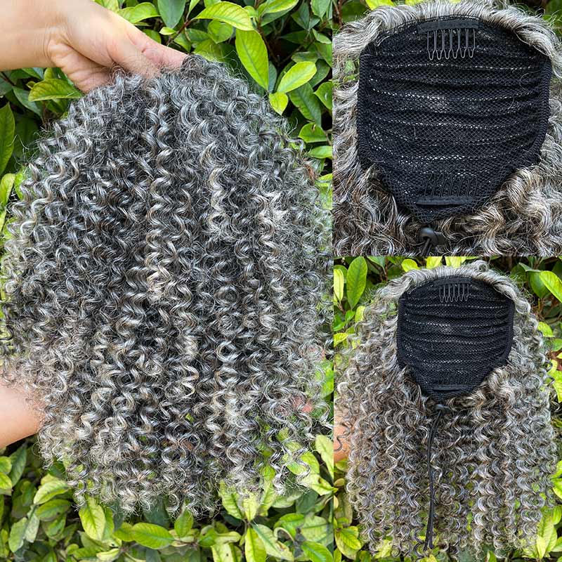 Soul Lady Salt And Pepper Ponytail Jerry Curly Human Hair Drawstring Ponytail Hair Extensions Silver Gray Color-details