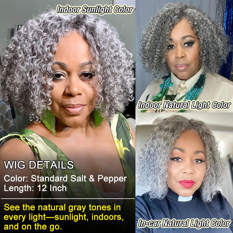 US DOMESTIC SHIPPING | Seniors Salt And Pepper Jerry Curly Bob Real Human Hair Handmade 5x5 HD Lace gray Wigs For Mom-real customer show