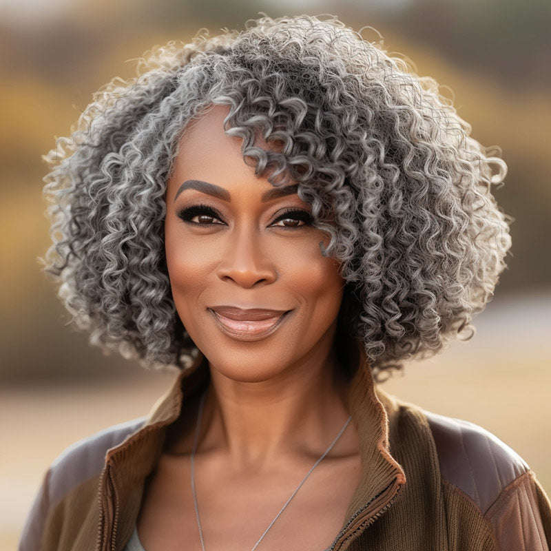 Silver Grey Wig Jerry Curly Human Hair Short Bob Salt and Pepper V-Part WearGo Wigs For Women Over 50