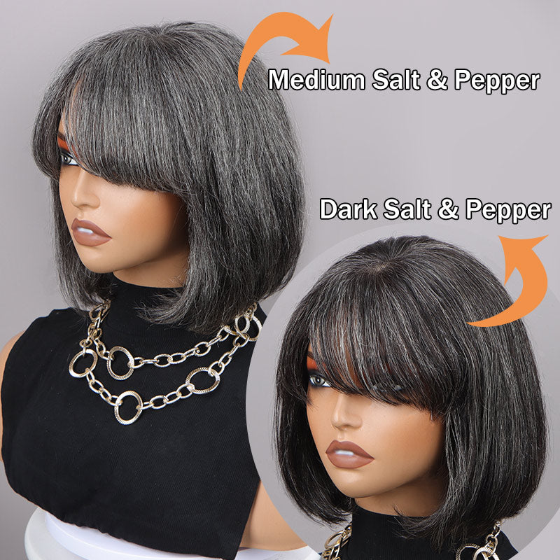 Dark Gray Short Bob Wigs Salt and Pepper Straight Human Hair  display picture 2