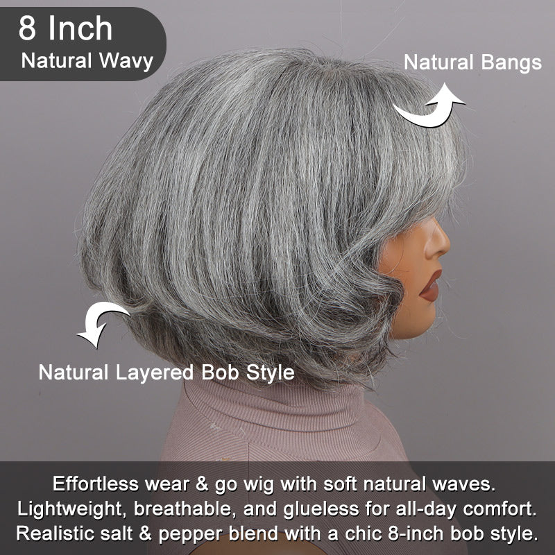 Soul Lady Beginner Friendly Salt and Pepper Bob Wig With Bangs Natural Wavy Human Hair Wear To Go Wig-side 
show with wig side view with details