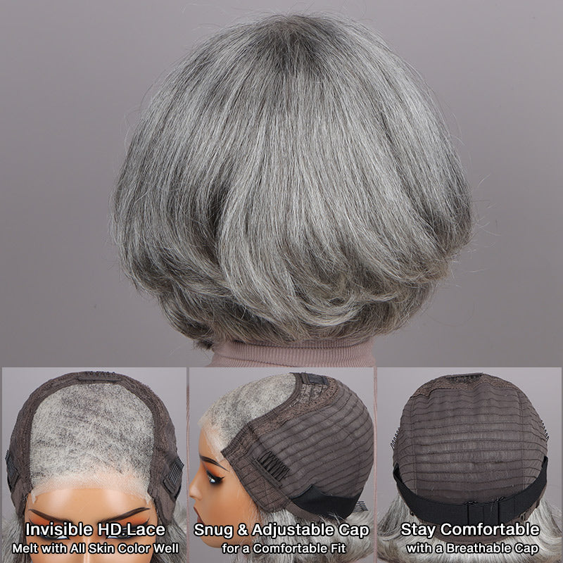 Short Grey Wavy Bob Wigs Glueless Medium Salt and Pepper 
