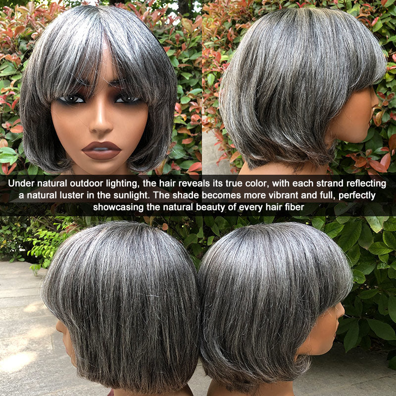 Soul Lady gray wigs Classic Short Straight Wavy Grey Bob Standard Salt & Pepper Color Glueless Human Hair Wigs For Women Over 60-back- real-hair color outdoors show