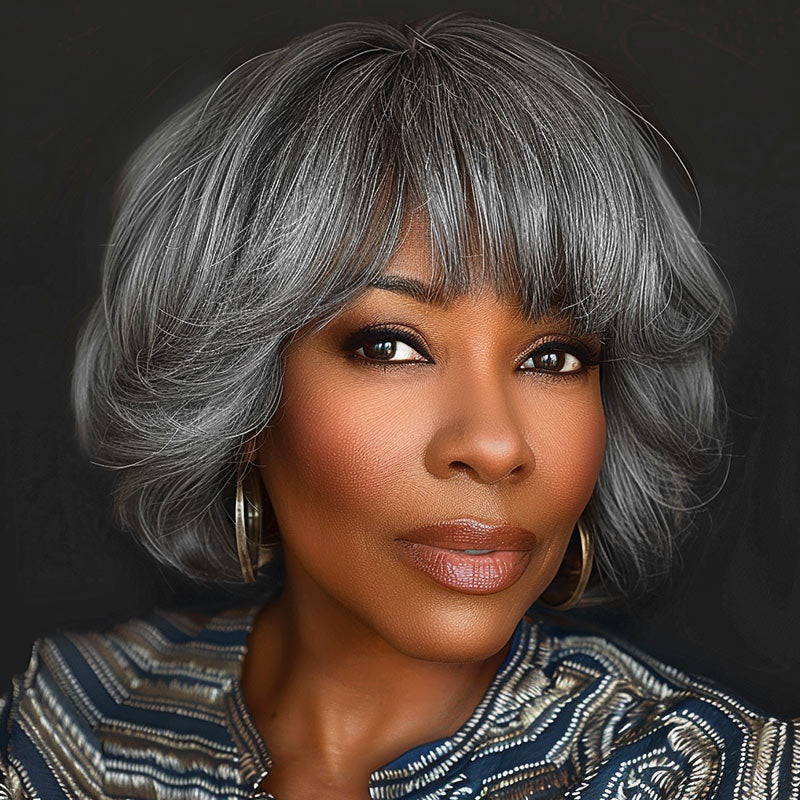 NEW Natural Looking Short Wavy Bob Wig with bangs DOPI Bob Wigs with Bangs for Women Black Mixed Brown Short  main image 2
