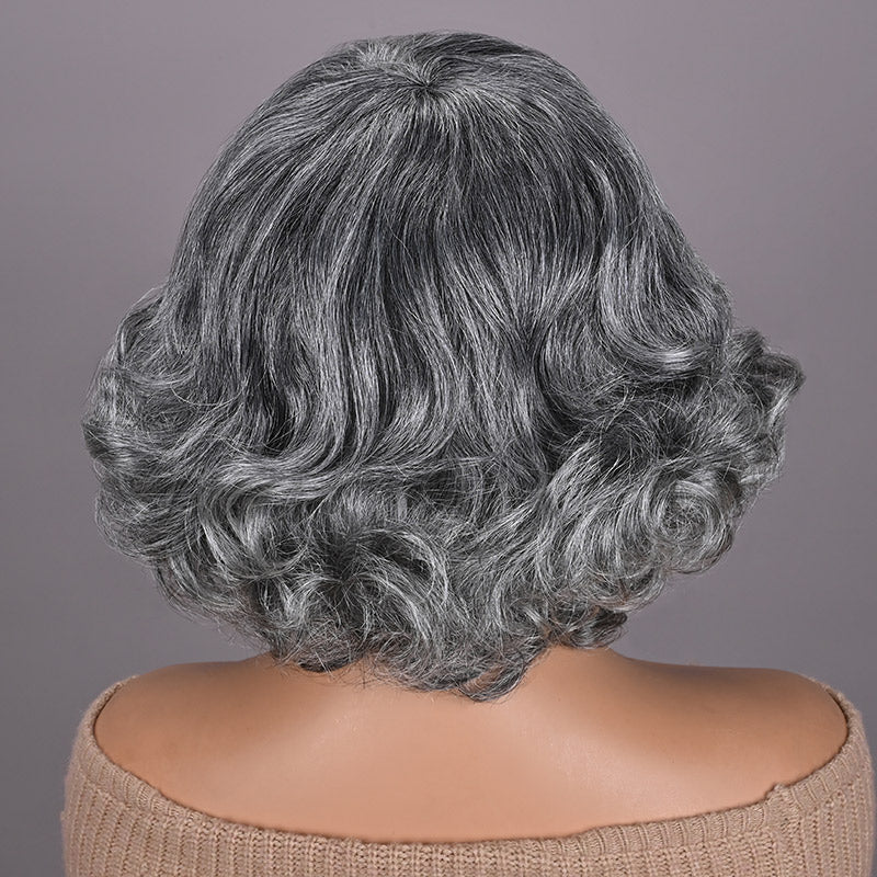 Soul Lady Beginner Friendly Salt and Pepper Bob Wig With Bangs Natural Wavy Human Hair Wear To Go Wig-back show