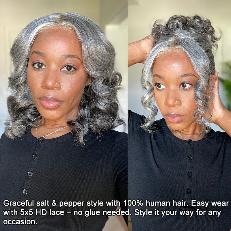 Mid-Length Salt And Pepper Wig For Mature Women 100% Human Hair Body Wave 5x5 HD Lace Throw On & Go Wigs For Mom-model Simply Sherelle-updo hairstyle
