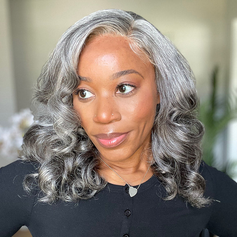 Mid-Length Salt And Pepper Wig For Mature Women 100% Human Hair Body Wave 5x5 HD Lace Throw On & Go Wigs For Mom-model Simply Sherelle