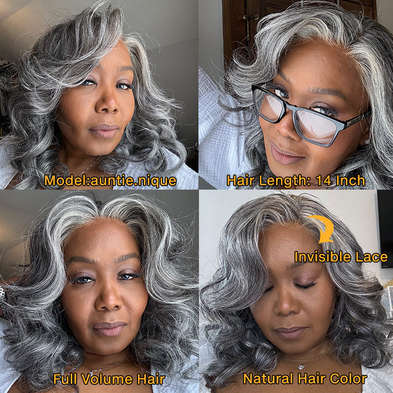 US DOMESTIC SHIPPING | Mid-Length Salt And Pepper Wig For Mature Women 100% Human Hair Body Wave 5x5 HD Lace Throw On & Go Wigs For Mom-model auntie.nique