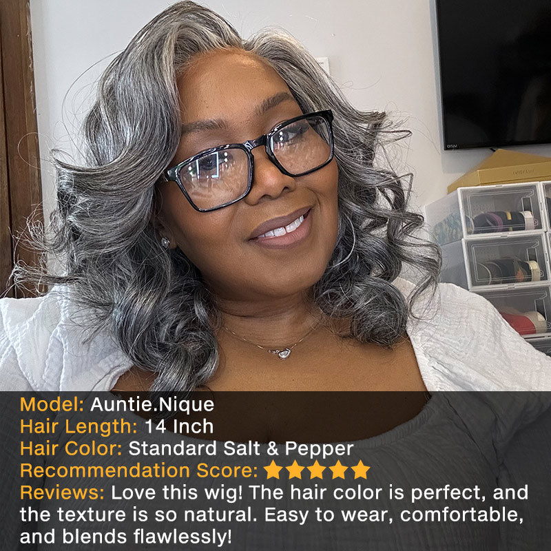 US DOMESTIC SHIPPING | Mid-Length Salt And Pepper Wig For Mature Women 100% Human Hair Body Wave 5x5 HD Lace Throw On & Go Wigs For Mom-model auntie.nique