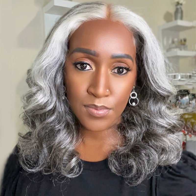 Mid-Length Seniors Salt And Pepper Wig For Older Women 100% Human Hair Body Wave 5x5 HD Lace Wear And Go Wigs For Mom-MsEbonyVee