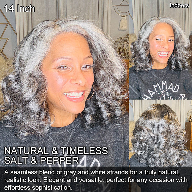 Sououl Lady wigs US DOMESTIC SHIPPING | Mid-Length Salt And Pepper Wig For Mature Women 100% Human Hair Body Wave 5x5 HD Lace Throw On & Go Wigs For Mom-youtube model-silver_sistah