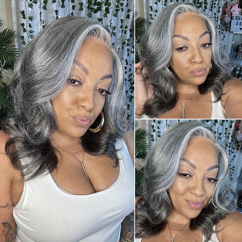 Mid-Length Seniors Salt And Pepper Wig For Older Women 100% Human Hair Body Wave 5x5 HD Lace Wear And Go Wigs For Mom-youtuber -Ms MuffinIsMyLovers