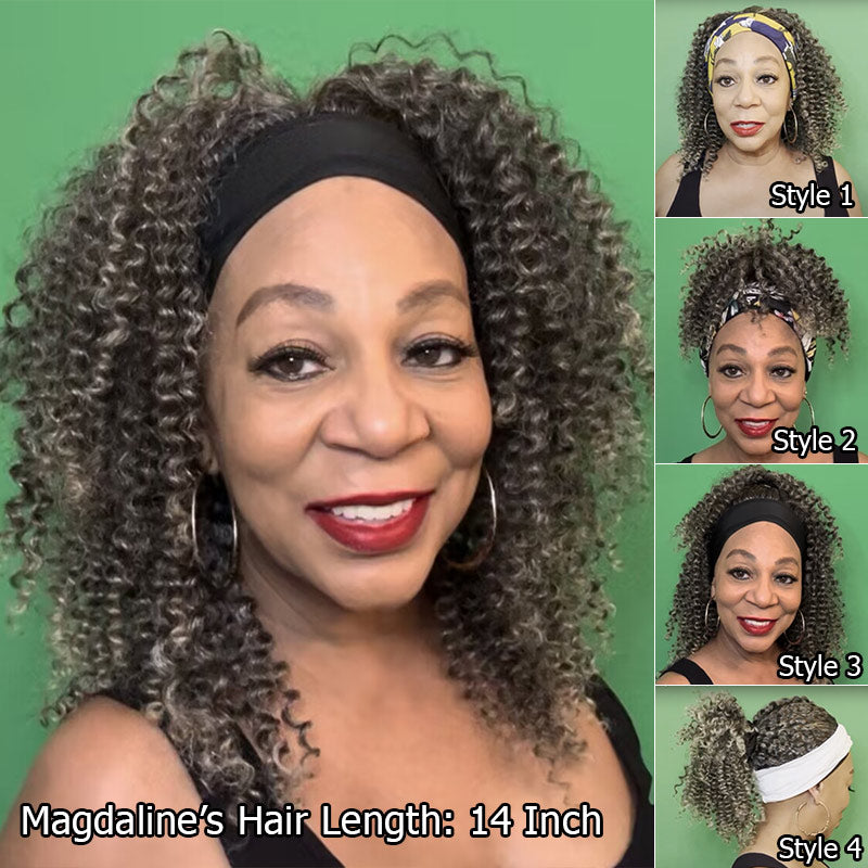 Silver Gray Curly 100% Human Hair Headband Wig For Black Women Salt And Pepper Color--Magdaline-4-hairstyles