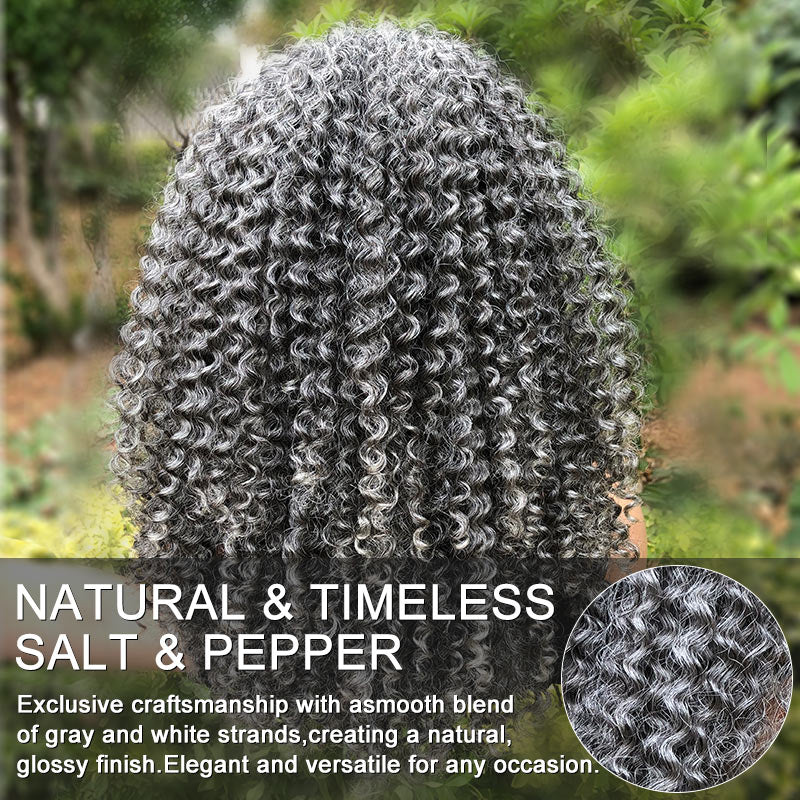 Soul Lady Silver Gray Curly 100% Human Hair Headband Wig For Black Women Salt And Pepper Color headband wig for older women-back view-with texture details