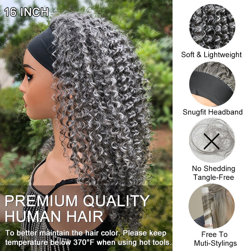 Soul Lady Silver Gray Curly 100% Human Hair Headband Wig For Black Women Salt And Pepper Color headband wig for older women-side view-with texture details