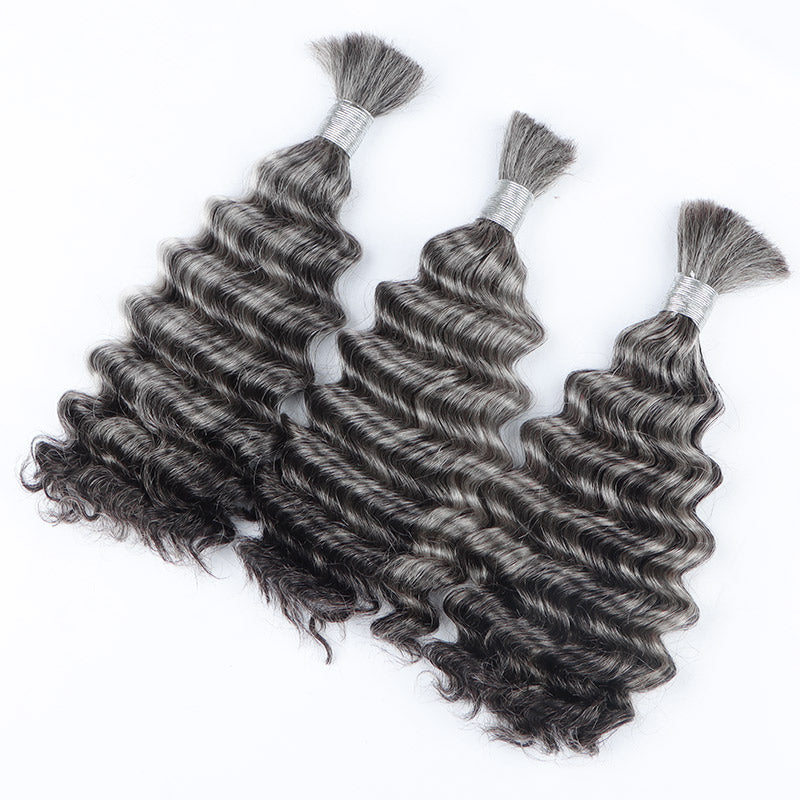 Soul Lady Salt And Pepper Bulk Hair For Braiding Deep Wave Human Hair 1/2/3/4 Pcs Grey Hair Extensions-3 bundles