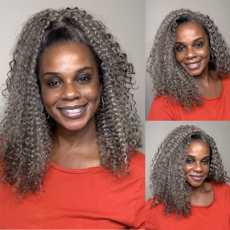 Standard Salt & Pepper Kinky Curly 3 In 1 Half Wig Beginner Friendly Glueless 3/4 Wig 100% Human Hair-victoriathegret