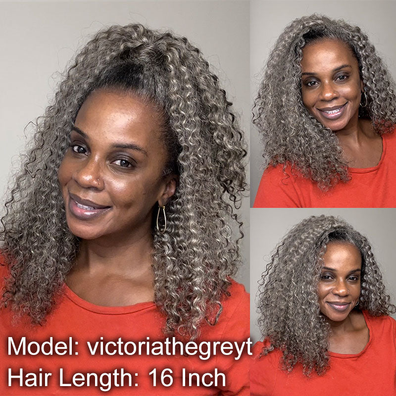 Standard Salt & Pepper Kinky Curly 3 In 1 Half Wig Beginner Friendly Glueless 3/4 Wig 100% Human Hair-victoriathegret-16 inch wig