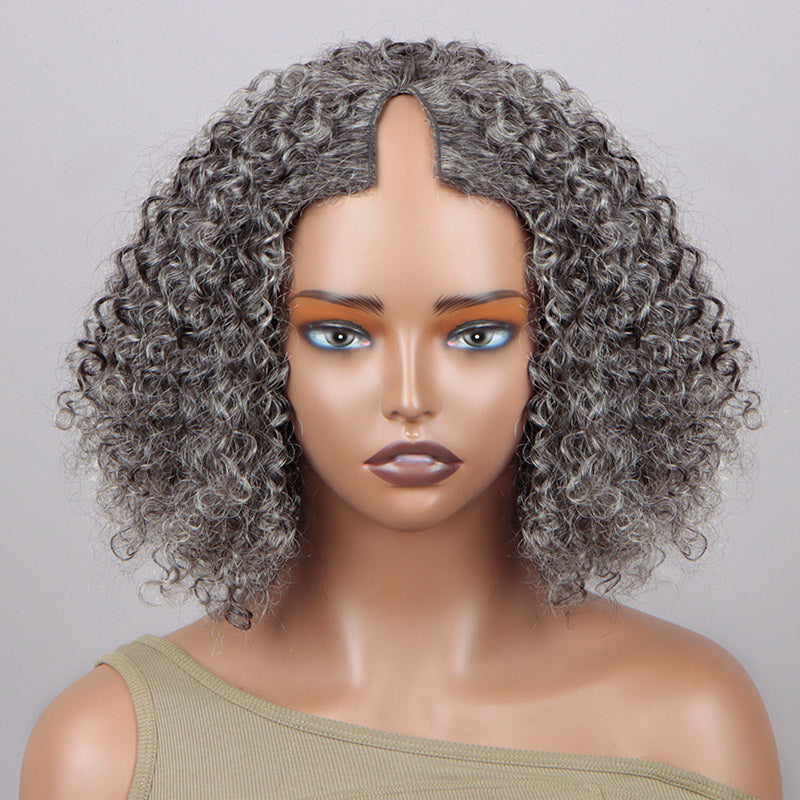 Soul Lady Silver Gray Jerry Curly V-Part Glueless Wigs Real Human Hair Salt and Pepper Short Bob For Women Over 50-model-front show