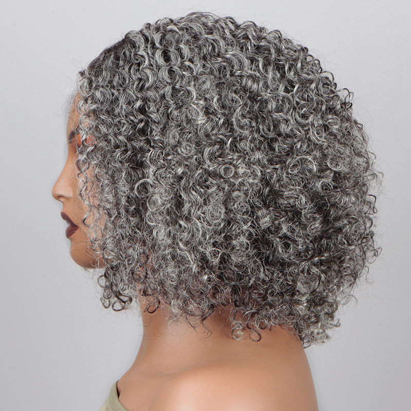 Soul Lady Silver Gray Jerry Curly V-Part Glueless Wigs Real Human Hair Salt and Pepper Short Bob For Women Over 50-model-side show