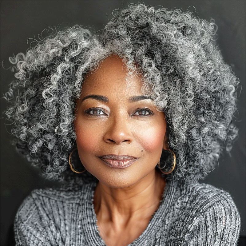 Soul Lady Silver Gray Jerry Curly V-Part Glueless Wigs Real Human Hair Salt and Pepper Short Bob For Women Over 50-model