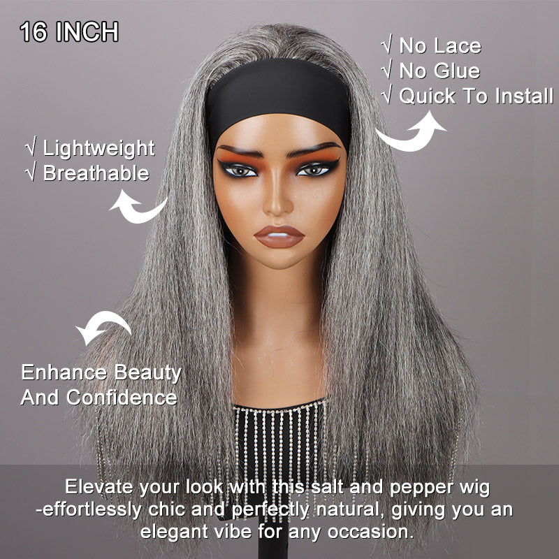 Soul Lady Silver Gray Straight Hair Headband Wig Real Human Hair Glueless Wigs For Women-standard salt and pepper color wig-front view details