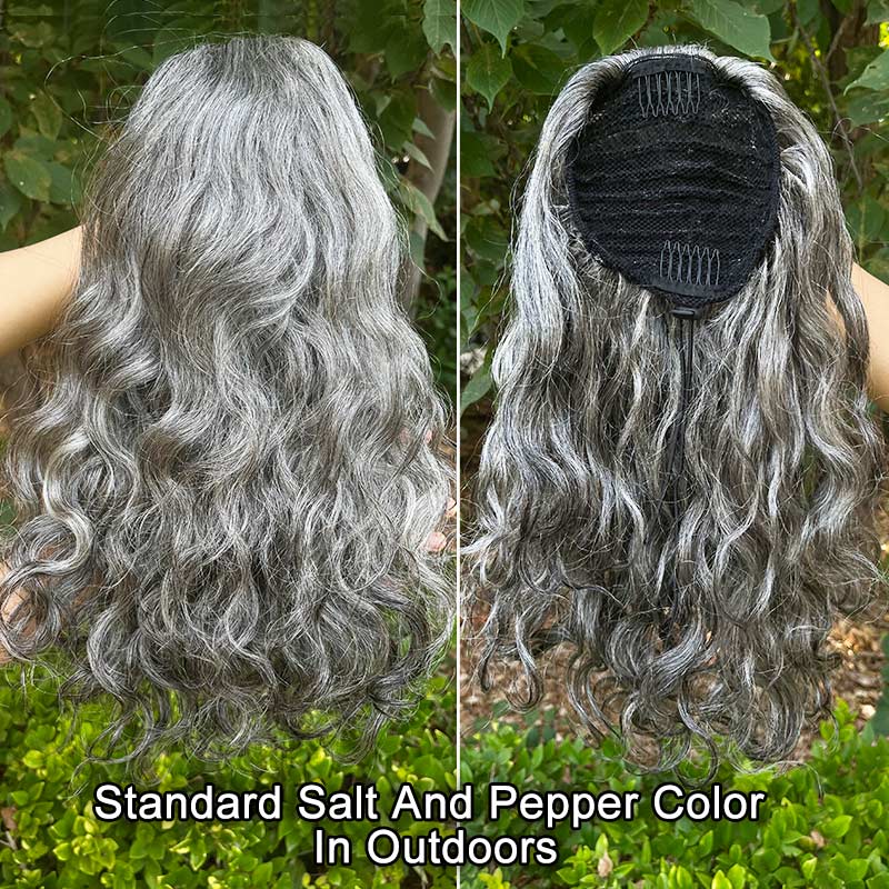 Soul Lady Salt and Pepper Drawstring Ponytail Natural Wavy Curl Human Hair Extensions-real look outdoors
