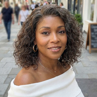 Soul Lady Wear And Go glueless wig | Chic dark Brown Bob Wigs With soft Gray blends Natural water wave Human Hair Glueless Lace Wigs For Women over 50- medium brown with gray hair strands-model show