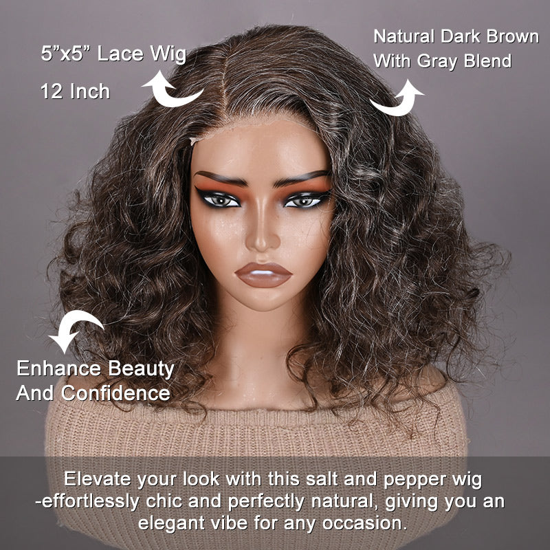 Human hair blend brown to gray wave wig.. Salt and Pepper Synthetic Human Hair Wig: 16 main image 3
